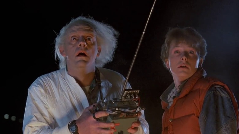 Doc Brown and Marty McFly experimenting with the time machine in 'Back to the Future'