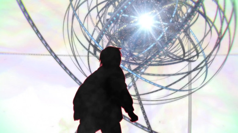 Satoru looks up at the web of time (illustrated as a mess of film strips) in "Erased" (2016)