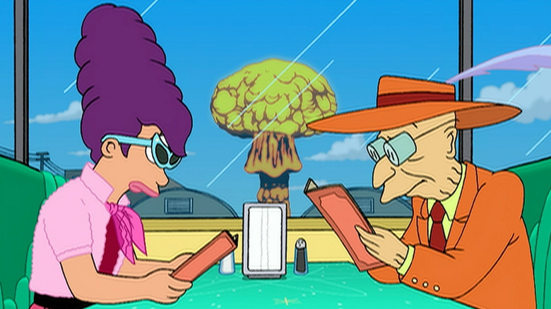 Leela and Farnsworth sit in a 1950s diner as a bomb test goes off in "Futurama" (199-present)