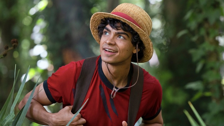 Monkey D. Luffy walking through the jungle in One Piece