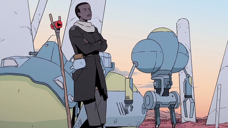 Azi and Levi standing by Azi's hoverbike on a flat, barren plane in Scavengers Reign (2023)