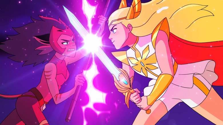 She-Ra and Catra crossing blades in the intro of She-Ra and the Princesses of Power (2018)