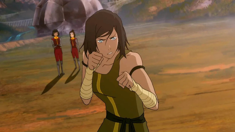 Korra taking a fighting stance on the planes outside Zaofu in The Legend of Korra season 4 (2014)