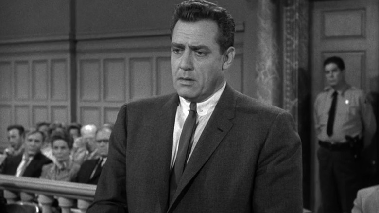 Perry Mason speaking in a courtroom on Perry Mason