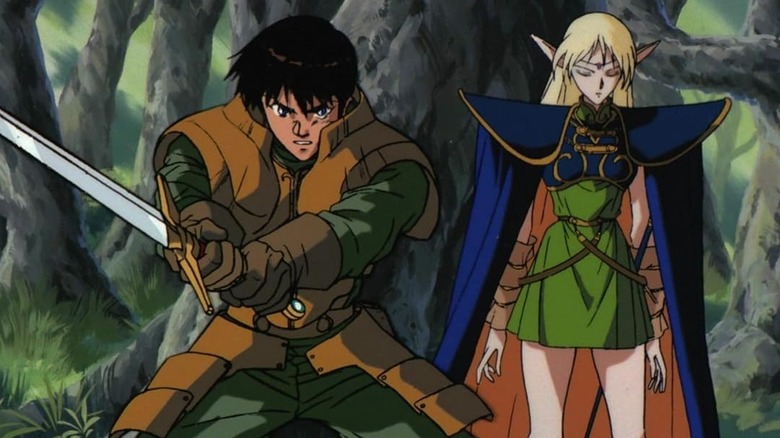 Parn holding a sword as Deedlit stands nearby in Record of Lodoss War (1990)