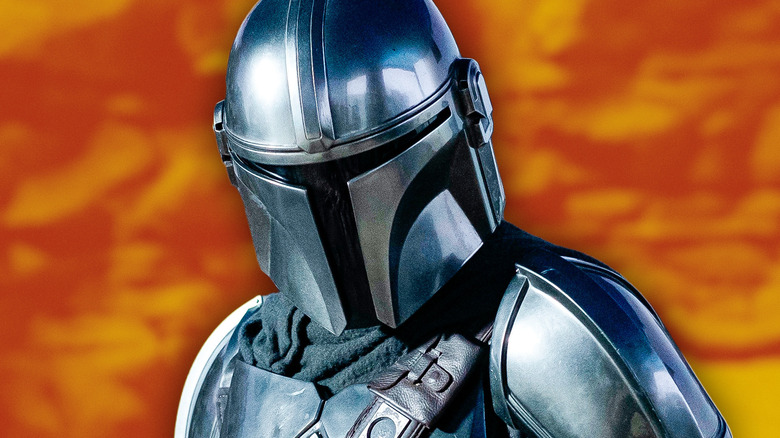 Din Djarin from The Mandalorian against an orange backdrop
