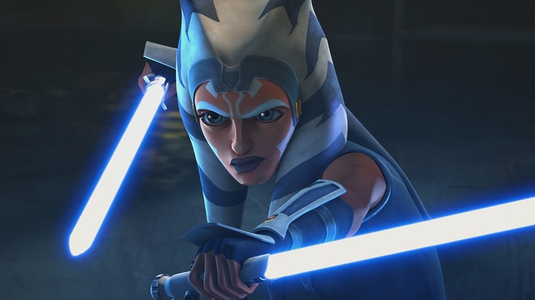 Ahsoka Tano wielding two blue lightsabers on Star Wars: The Clone Wars
