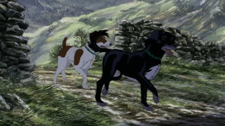 Snitter and Rowf walking through a field in The Plague Dogs