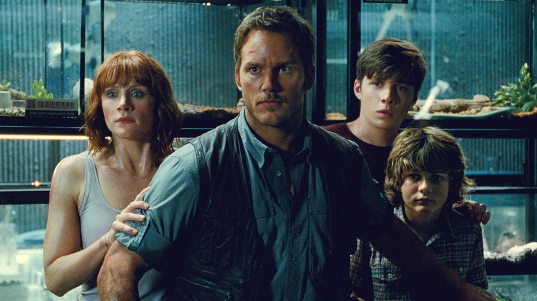 Owen, Claire, Zach and Gray in Dr. Wu's secret lab in Jurassic World