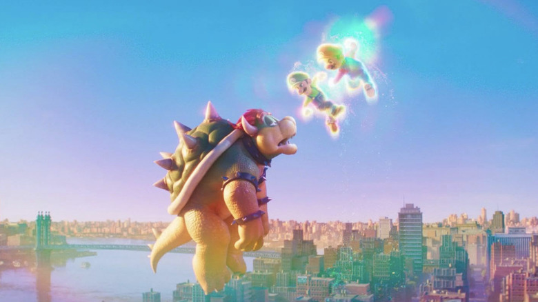 Mario and Luigi preparing to punch Bowser in the sky in "The Super Mario Bros. Movie"