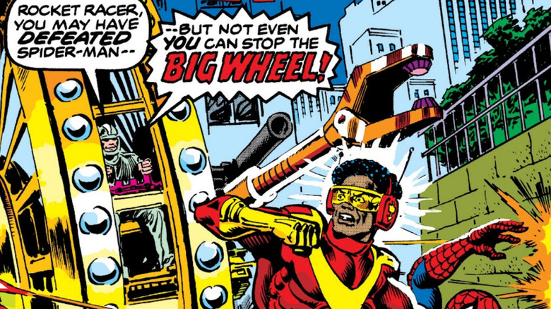 Big Wheel attacks Rocket Racer and Spider-Man in Amazing Spider-Man #183