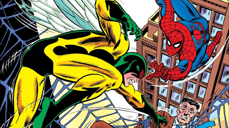 Spider-Man swoops in to save J. Jonah Jameson from the Human Fly in Amazing Spider-Man Annual #10