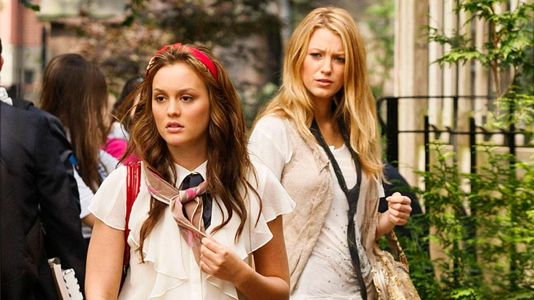 Blair and Serena looking annoyed and confused at someone offscreen on Gossip Girl