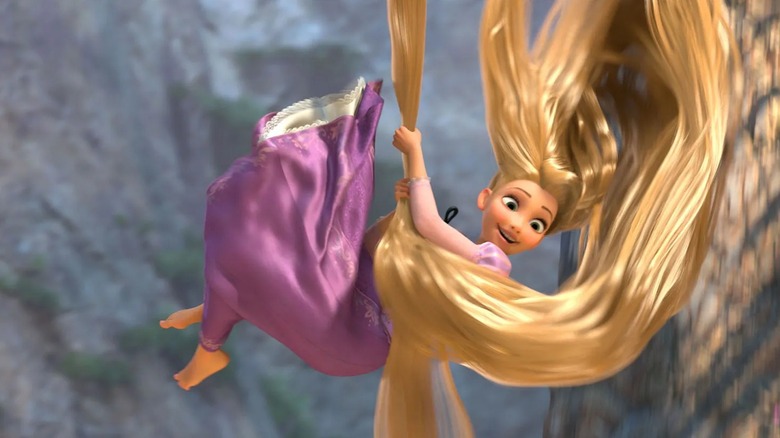 Rapunzel jumping out of her tower in "Tangled"