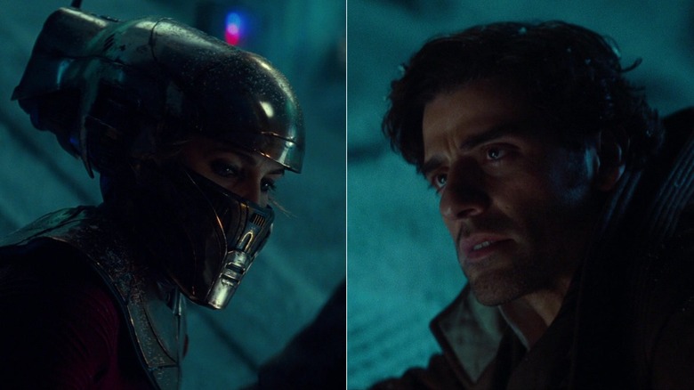 Side-by-side photos of a slightly unmasked Zori Bliss and Poe Dameron in "Star Wars: The Rise of Skywalker"