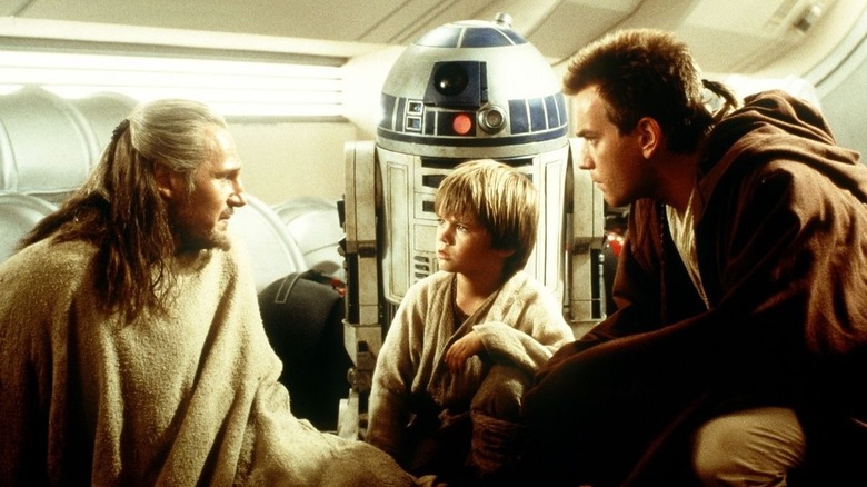 Qui-Gon Jinn talking to Anakin and Obi-Wan in The Phantom Menace (1999)