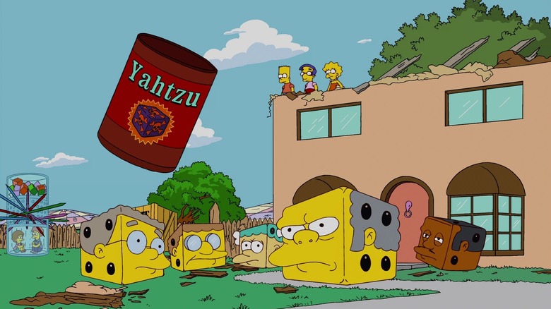 Bart, Milhouse, and Lisa observing Springfield turned into a board game in Treehouse of Horror XXI (2010)