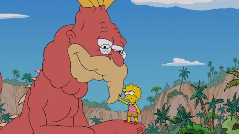 Dinosaur Grandpa Simpson talking to Lisa in Treehouse of Horror XXIX (2017)