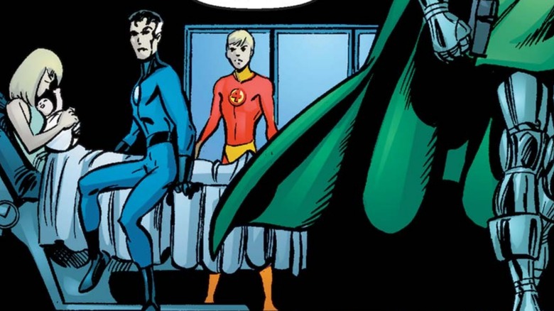 Sue, Valeria, Reed, and Johnny at hospital bed while Doctor Doom walks away