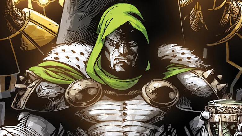 Doctor Doom sitting in throne and holding chalice