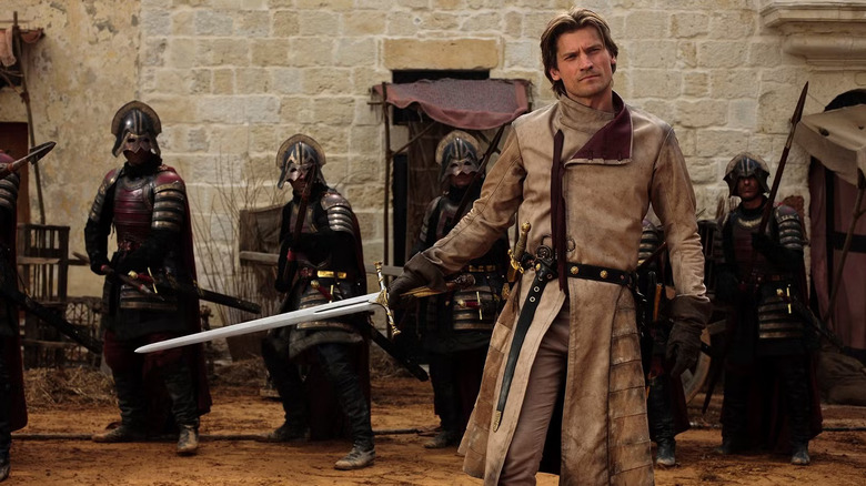 Jaime holding his sword out on Game of Thrones