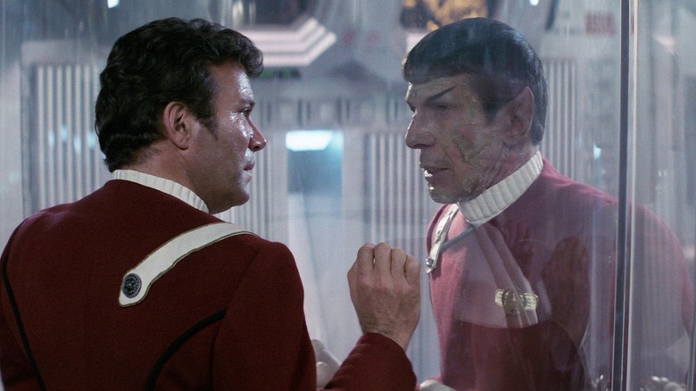 Kirk and Spock say goodbye as Spock dies in "Star Trek II: The Wrath of Khan" (1982)