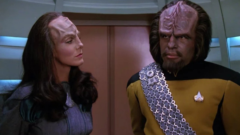 K'Ehleyr looking at Worf on "Star Trek: The Next Generation" (1987-1994)