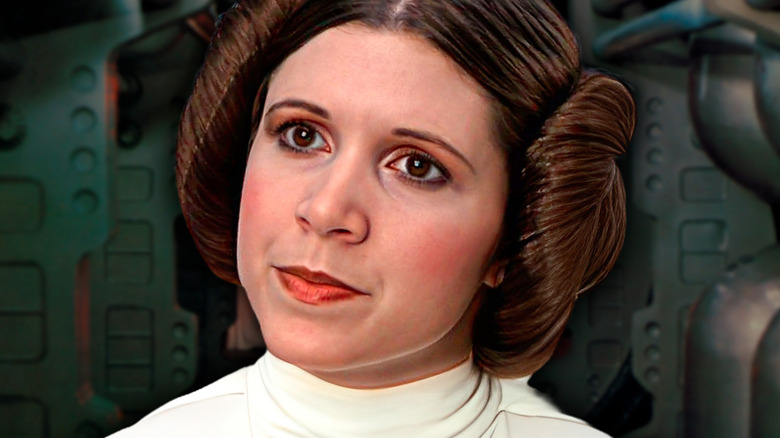 Princess Leila in Star Wars looking concerned against an industrial background