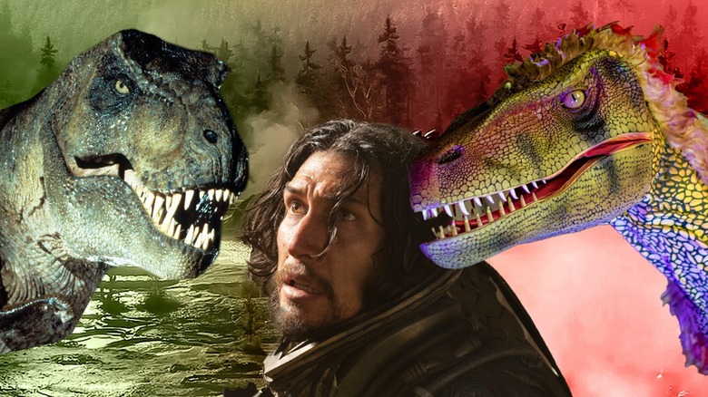 Adam Driver wedged between dinosaurs