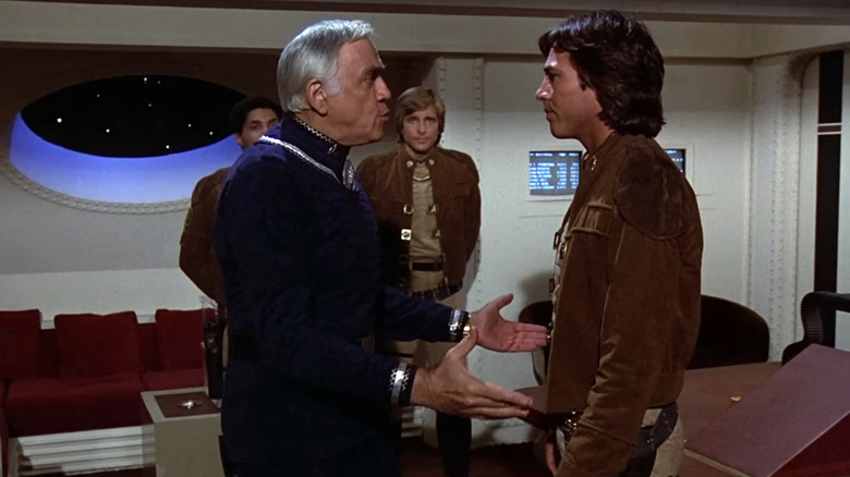 Commander Adama speaking to Captain Apollo in "Battlestar Galactica"