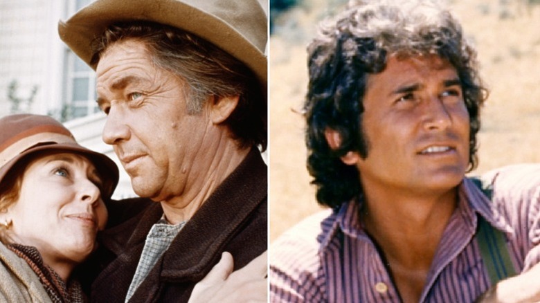 John Walton Sr. embraces Olivia Walton in "The Waltons"; Charles Ingalls kneels on the ground in "Little House on the Prairie"