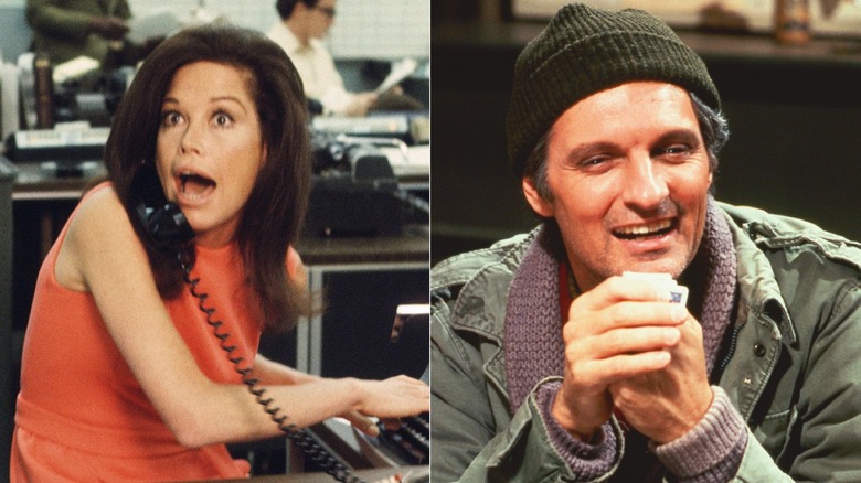 Mary Richards on phone in "The Mary Tyler Moore Show"; Hawkeye laughs in "M*A*S*H"