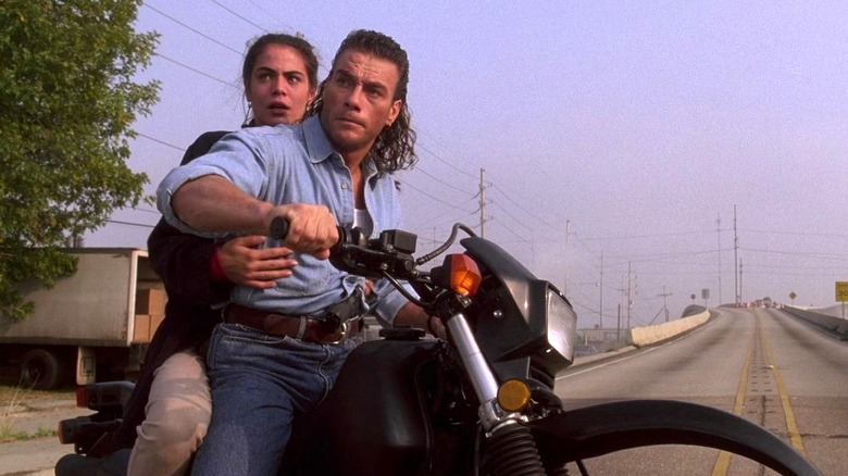 Chance Boudreaux riding a motorcycle in Hard Target