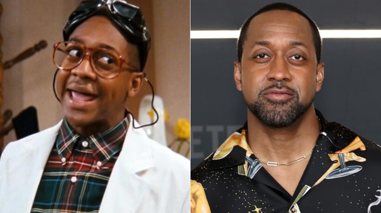 Steve Urkel smiling in "Family Matters" and Jaleel White smiling at the "Happy Gilmore 2" premiere in New York City in 2025.