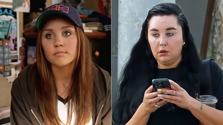 Viola frowning in "She's the Man" and Amanda Bynes texting in Los Angeles in 2024.