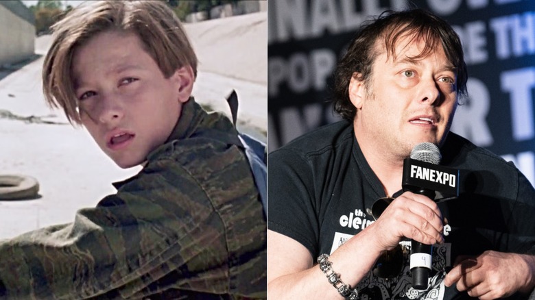 John Connor with his mouth open in "Terminator 2: Judgement Day" and Edward Furlong speaking into a microphone at Fan EXPO in Louisiana in 2024.
