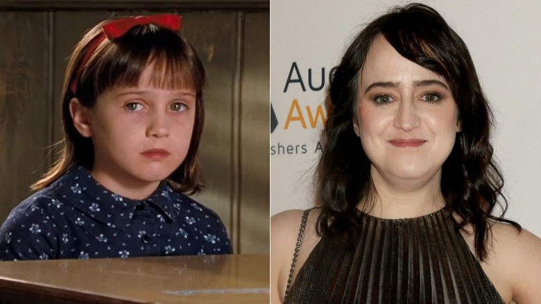 Matilda frowning in "Matilda" and Mara Wilson smiling at the Audie Awards in Los Angeles, California in 2024.