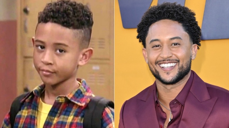 T.J. smirking in "Smart Guy" and Tahj Mowry smiling at the "Me Time" premiere in Los Angeles, California in 2022.