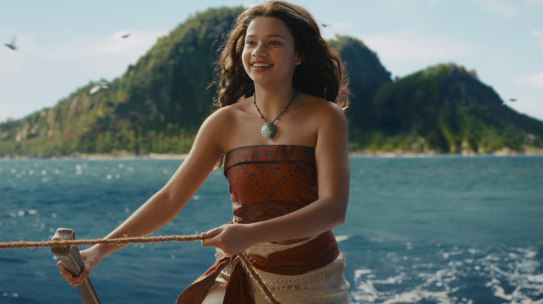 Moana steering a ship in Moana (2026)