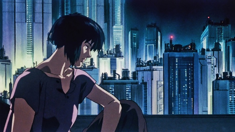 Major looking out at the city skyline in Ghost in the Shell (1995)