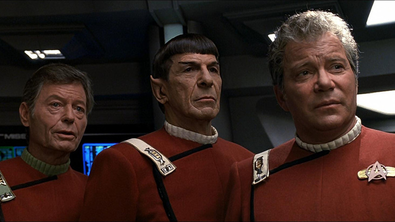 McCoy (DeForest Kelley), Spock (Leonard Nimoy), and Kirk (William Shatner) on the bridge of the Enterprise in Star Trek VI: The Undiscovered Country