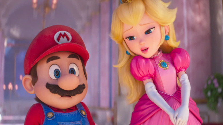 Peach looks slyly at Mario in The Super Mario Bros. Movie