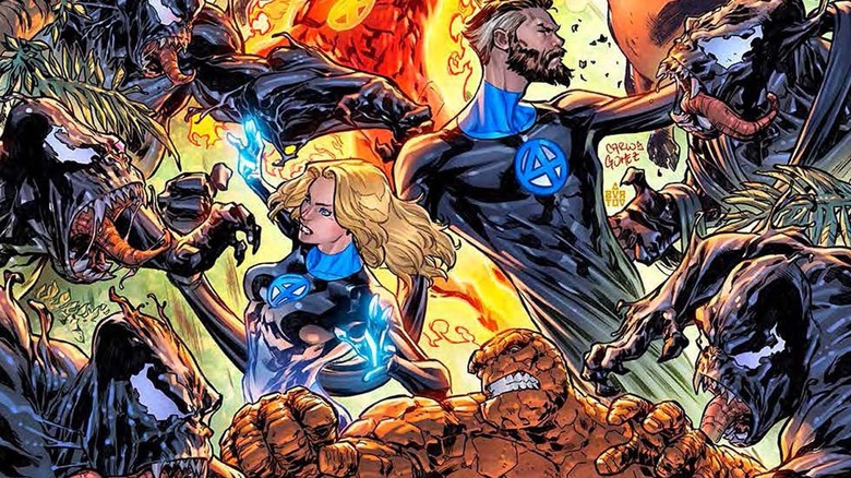 The Fantastic Four fighting symbiotes
