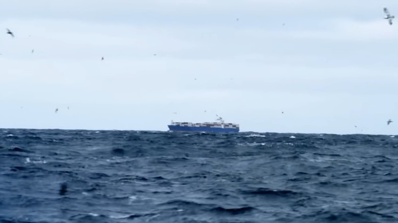 A massive cargo ship is spotted heading over a string of pots that the Saga was heading to collect on an episode of Deadliest Catch.
