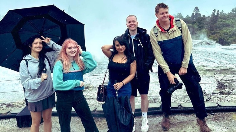 Dantdm and other YouTubers posing on the set of A Minecraft Movie (2025)