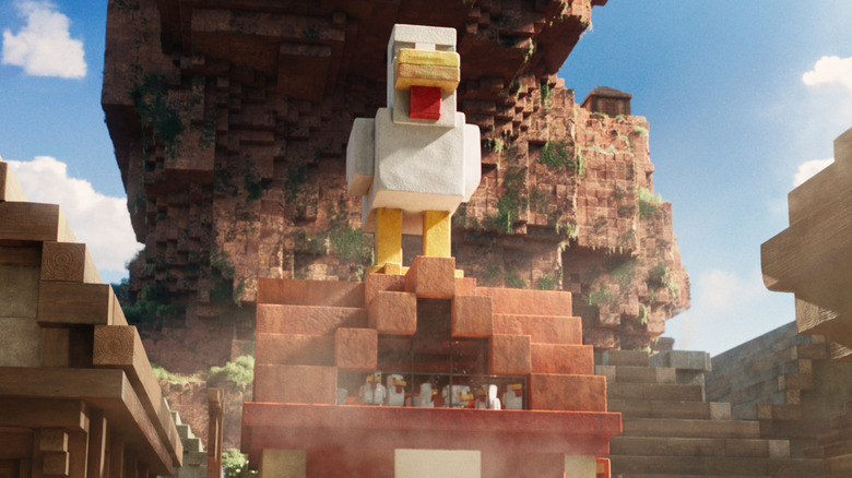 Chickens stand within their hut in A Minecraft Movie (2025)