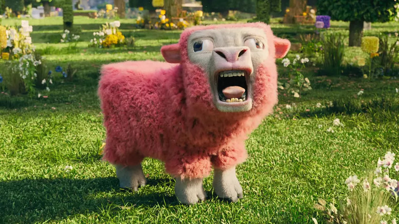 A pink sheep screaming in A Minecraft Movie