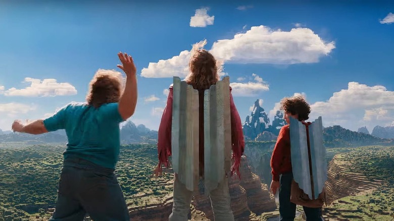 Garrett and Henry wearing elytra in A Minecraft Movie