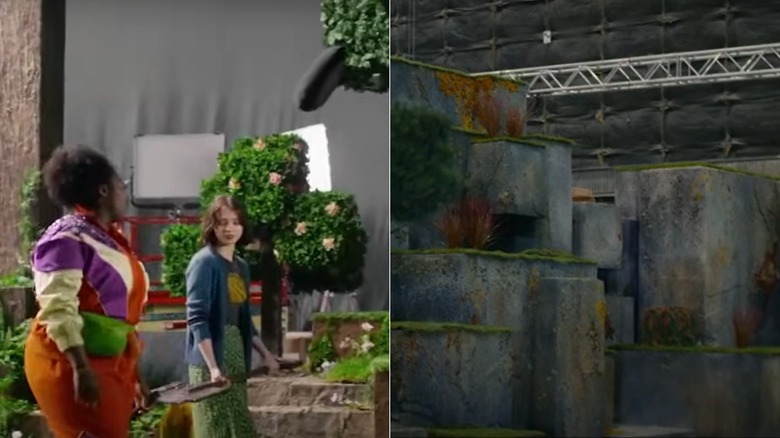 A side by side of behind the screen images from A Minecraft Movie