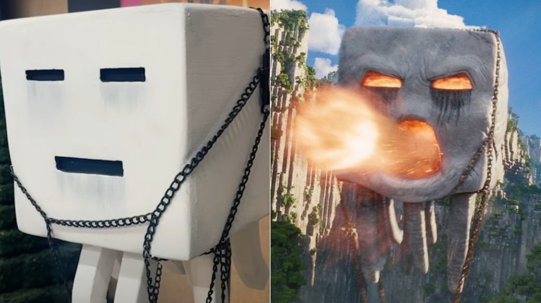 Side by side of a model of a ghast, and a shot of a ghast from A Minecraft Movie